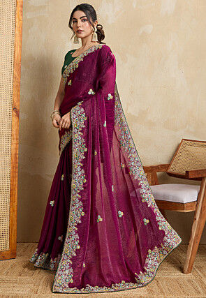 Embroidered Chiffon Saree in Purple