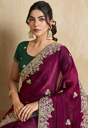 Embroidered Chiffon Saree in Purple