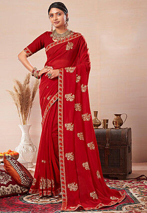 Red Color Designer Chiffon Saree (031867788)