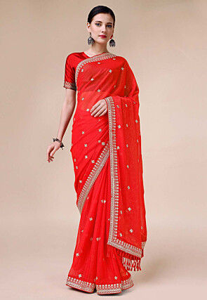 Embroidered Chiffon Saree in Red