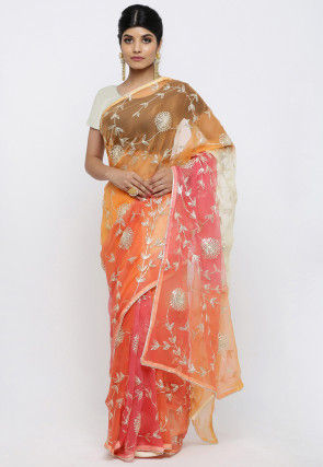 Embroidered Chiffon Saree in Shaded Orange and Peach