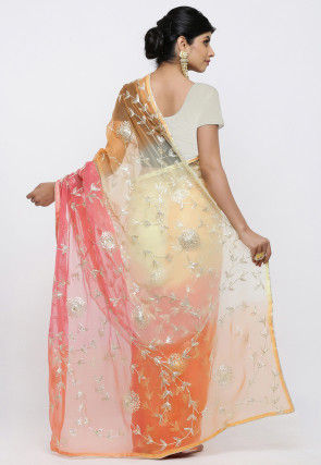 Embroidered Chiffon Saree in Shaded Orange and Peach