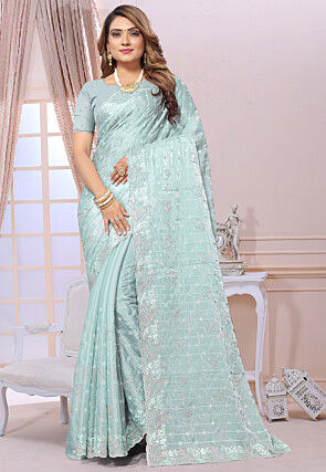 Embroidered Organza Saree in Sky Blue