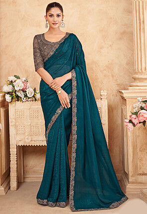 Embroidered Border Chiffon Scalloped Saree in Teal Blue
