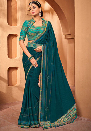Embroidered Chiffon Saree in Teal Blue