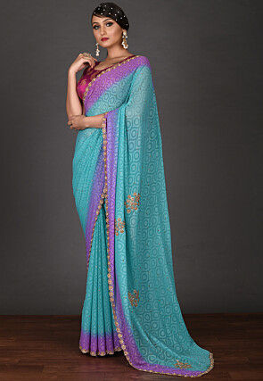 Embroidered Chiffon Saree in Turquoise