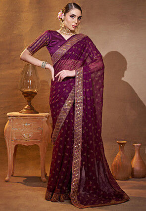 Embroidered Chiffon Saree in Wine