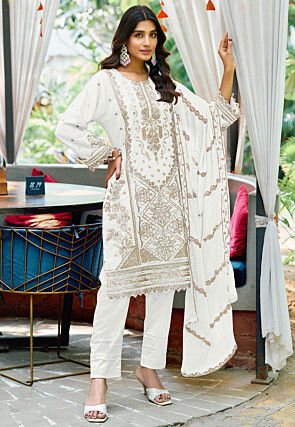 Embroidered Chiffon Scalloped Pakistani Suit in Off White