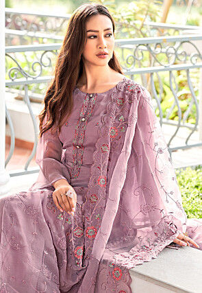Embroidered Chiffon Scalloped Pakistani Suit in Purple