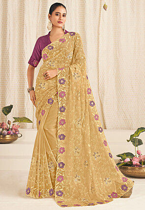 Embroidered Chiffon Scalloped Saree in Beige