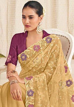 Embroidered Chiffon Scalloped Saree in Beige