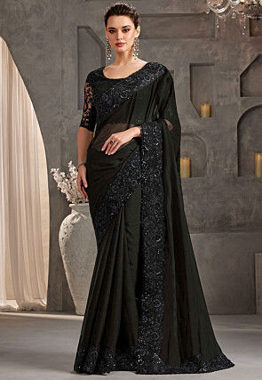 Embroidered Border Chiffon Scalloped Saree in Black