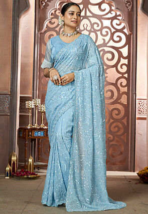 Pastel Green Embroidered & Stone Embellished Cut-Work Scalloped Saree main image 0