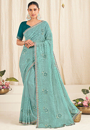 Embroidered Chiffon Scalloped Saree in Blue