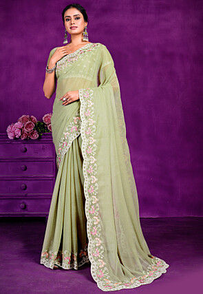 Embroidered Chiffon Scalloped Saree in Dusty Green