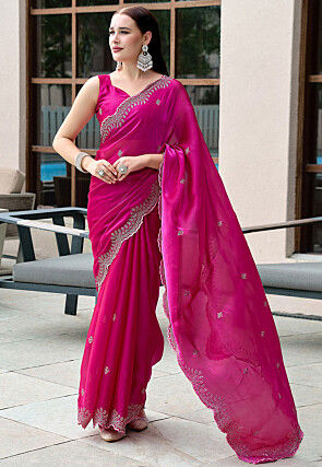 Embroidered Chiffon Scalloped Saree in Fuchsia