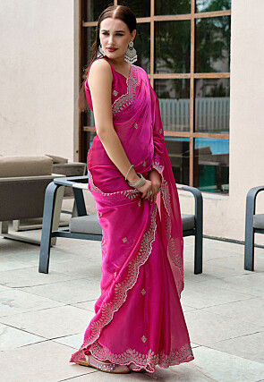 Embroidered Chiffon Scalloped Saree in Fuchsia