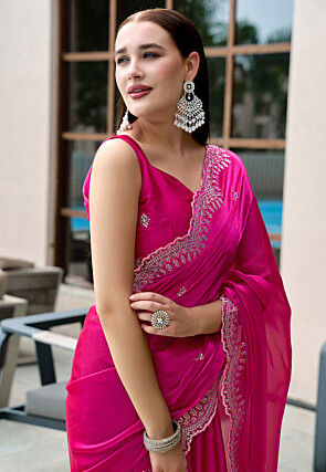 Embroidered Chiffon Scalloped Saree in Fuchsia