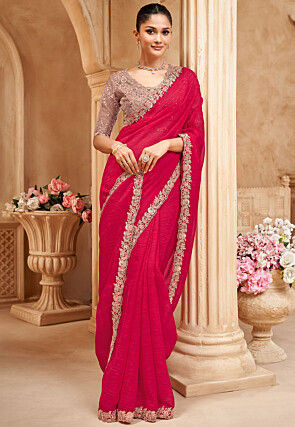 Embroidered Border Chiffon Scalloped Saree in Fuchsia