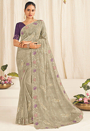 Embroidered Chiffon Scalloped Saree in Grey