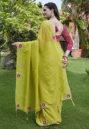 Embroidered Chiffon Scalloped Saree in Light Green