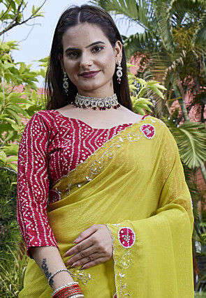 Embroidered Chiffon Scalloped Saree in Light Green