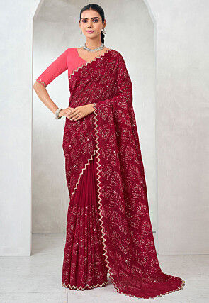 Embroidered Chiffon Scalloped Saree in Maroon