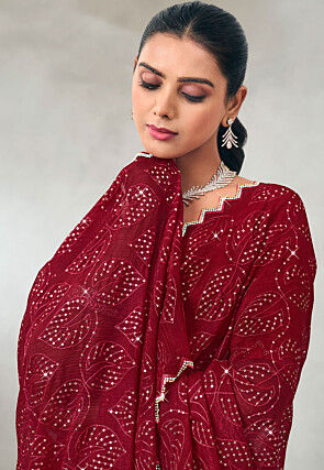 Embroidered Chiffon Scalloped Saree in Maroon