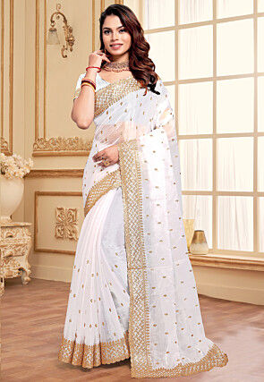 Embroidered Chiffon Scalloped Saree in Off White