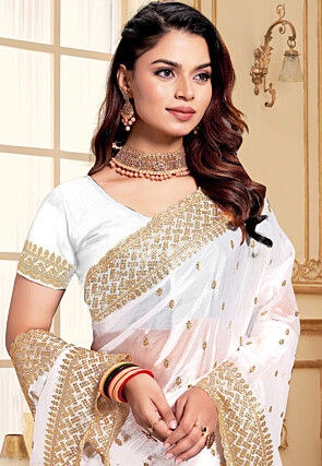 Embroidered Chiffon Scalloped Saree in Off White
