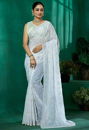 Embroidered Chiffon Scalloped Saree in Off White