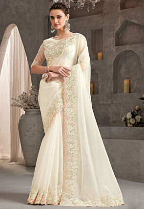Embroidered Border Chiffon Scalloped Saree in Off White