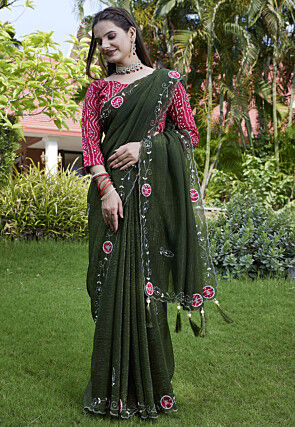 Embroidered Chiffon Scalloped Saree in Olive Green