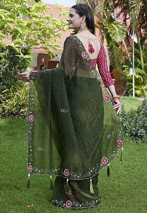 Embroidered Chiffon Scalloped Saree in Olive Green