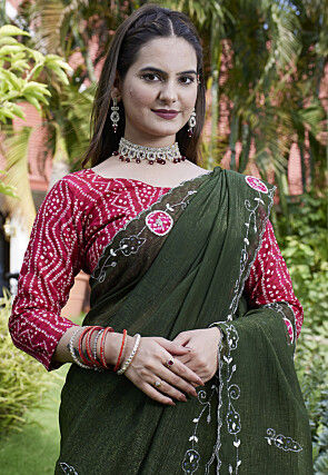 Embroidered Chiffon Scalloped Saree in Olive Green