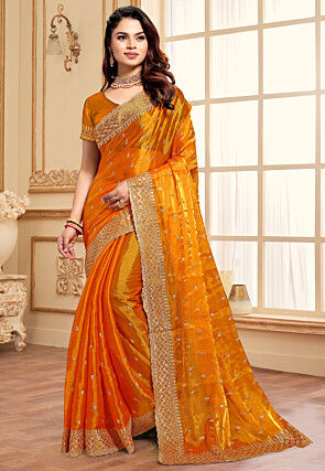 Embroidered Chiffon Scalloped Saree in Orange