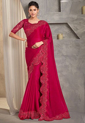 Embroidered Border Chiffon Scalloped Saree in Pink