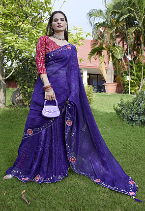 Embroidered Chiffon Scalloped Saree in Purple