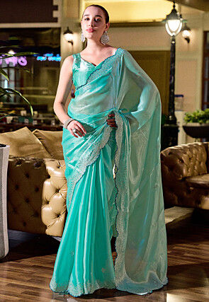 Embroidered Chiffon Scalloped Saree in Sea Green