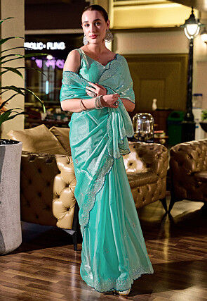 Embroidered Chiffon Scalloped Saree in Sea Green