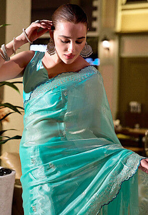 Embroidered Chiffon Scalloped Saree in Sea Green