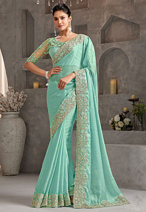 Embroidered Border Chiffon Scalloped Saree in Sea Green