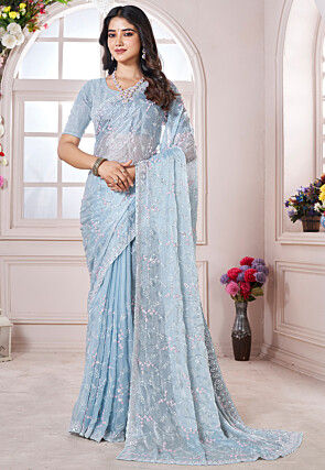 Embroidered Chiffon Scalloped Saree in Sky Blue