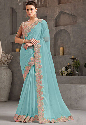 Embroidered Border Chiffon Scalloped Saree in Sky Blue