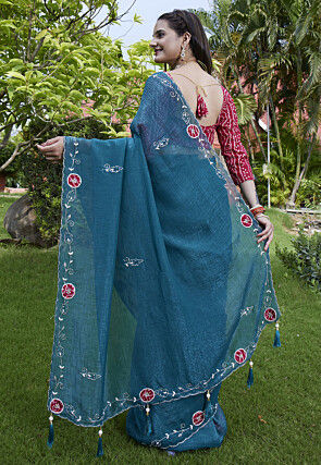 Embroidered Chiffon Scalloped Saree in Teal Blue