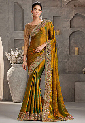 Embroidered Border Chiffon Scalloped Saree in Yellow and Green