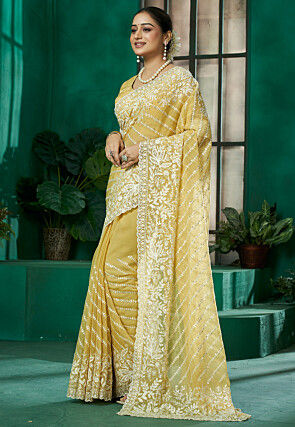 Embroidered Chiffon Scalloped Saree in Yellow