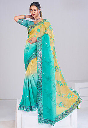 Embroidered Chiffon Scalloped Saree in Yellow