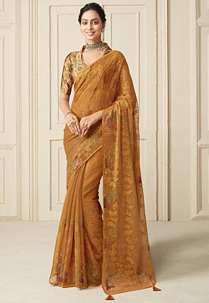Embroidered Chiffon Shimmer Saree in Mustard