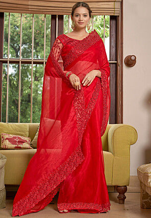 Embroidered Border Chiffon Shimmer Saree in Red